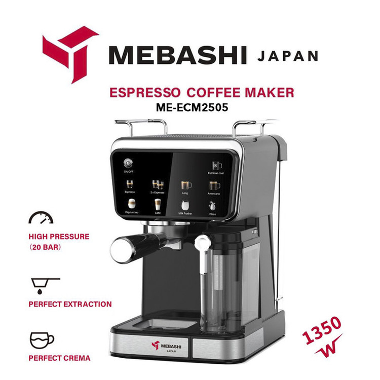 اسپرسوساز خانگی مباشی مدل ME-ECM2505، ظرفیت مخزن آب 1500 میلیلیتر، نیمه اتوماتیک با مصرف پودر قهوه، مناسب تهیه کافه لاته، فشار بخار 20 بار، با 1 نازل قهوه و صفحه نمایش لمسی