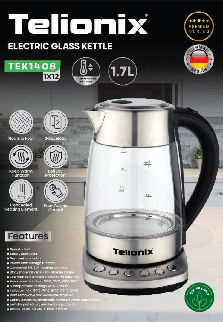 کتری برقی شیشه‌ای تلیونیکس مدل TEK1408